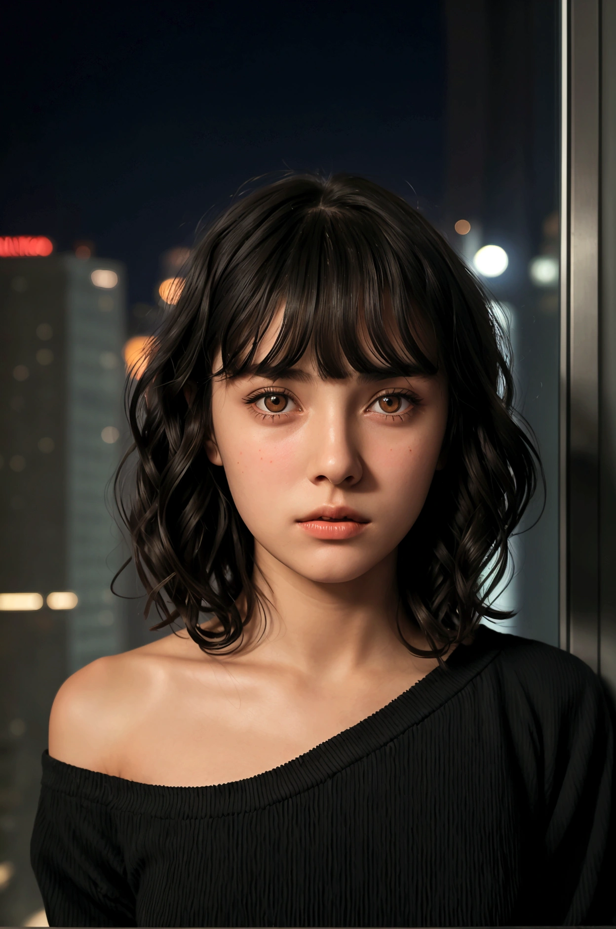 cinematic realistic portrait, front face, of a young girl, adolescent, (Italian), fly away, casual dark clothes, long t-shirt, minimalist alternative style, Beautiful woman, ((short wavy hair to the shoulders with bangs)), (honey eyes), Pursed lips, night in an apartment, window to the city, neon lights