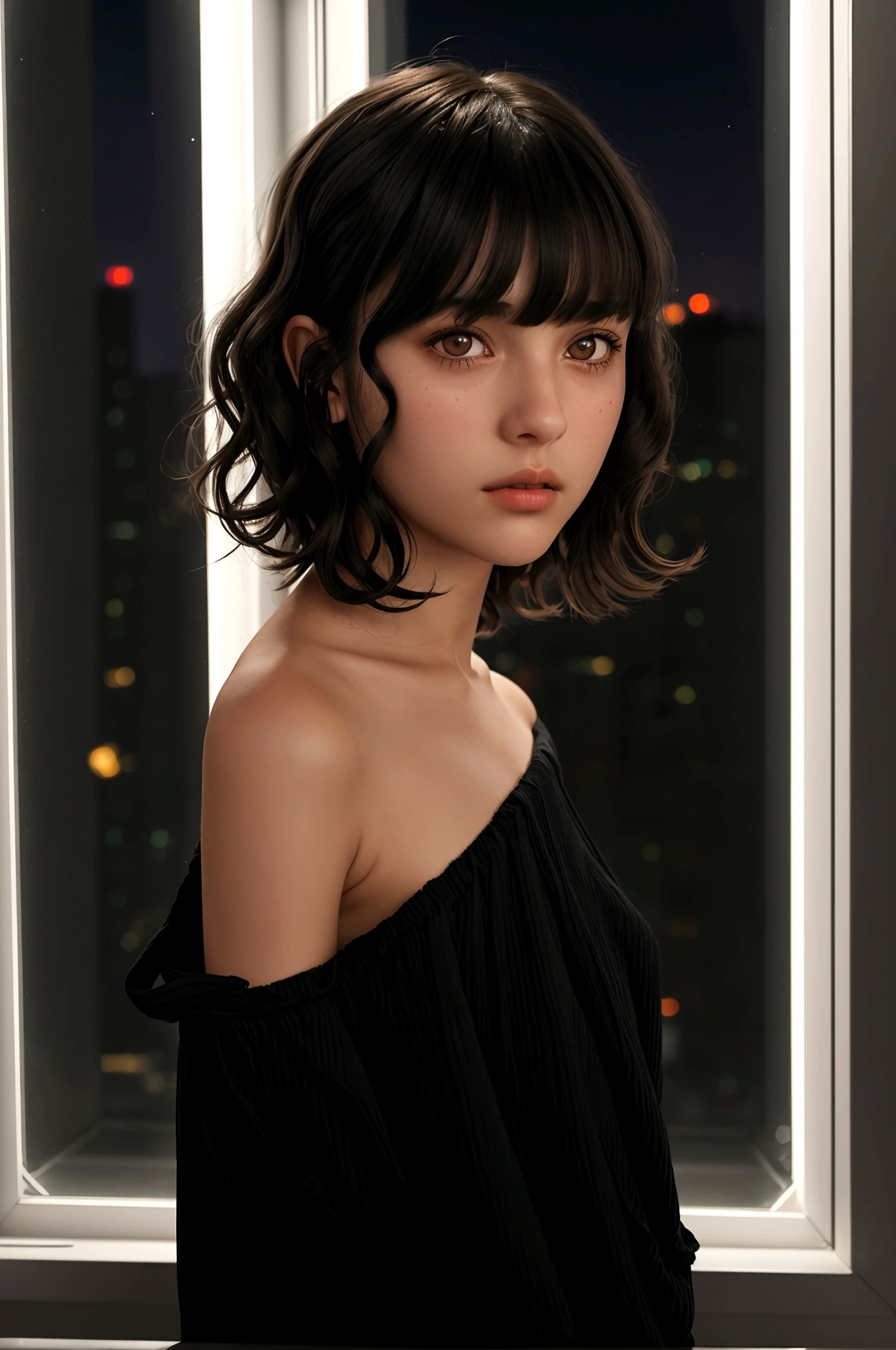 cinematic realistic portrait, front face, of a young girl, adolescent, (Italian), fly away, casual dark clothes, long t-shirt, minimalist alternative style, Beautiful woman, ((short wavy hair to the shoulders with bangs)), (honey eyes), Pursed lips, night in an apartment, window to the city, neon lights