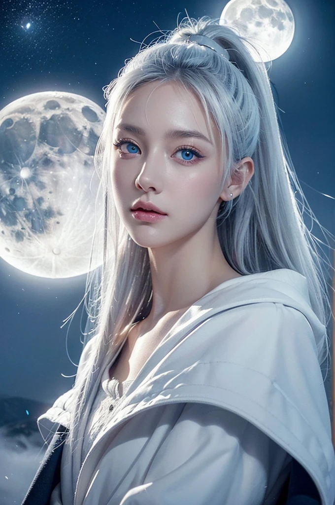 masterpiece, (best quality: 1.2), (very good: 1.2), illustration, (Extremely refined: 1.2), Film Angle, floating, (Beautiful eye for detail: 1.1), (Detail Light: 1.1), lamp, Exquisite sky, Miss, White hair, blue eyes, (High Ponytail: 1.1), cloak, Glowing eyes, (moon: 1.2), (moonlight: 1.1), Starry Sky, (Light Particles: 1.1), FOG , Snow painting, sketch, bloom