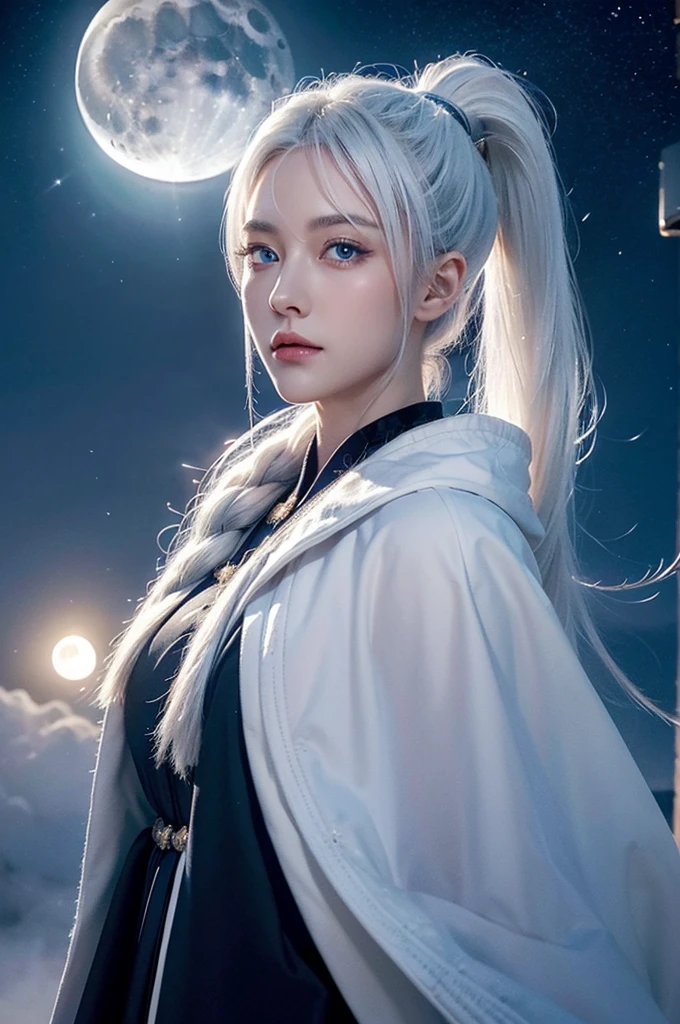 masterpiece, (best quality: 1.2), (very good: 1.2), illustration, (Extremely refined: 1.2), Film Angle, floating, (Beautiful eye for detail: 1.1), (Detail Light: 1.1), lamp, Exquisite sky, Miss, White hair, blue eyes, (High Ponytail: 1.1), cloak, Glowing eyes, (moon: 1.2), (moonlight: 1.1), Starry Sky, (Light Particles: 1.1), FOG , Snow painting, sketch, bloom