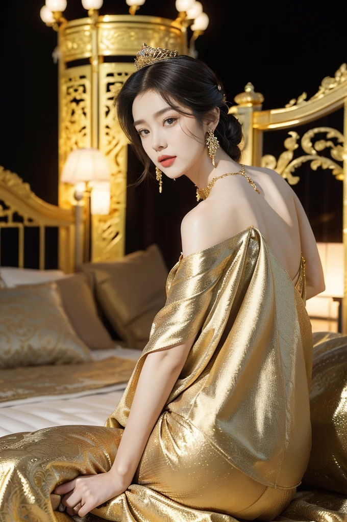 (((best quality))),(((ultra detailed))),(((masterpiece))),illustration,1 girl,solo,slim,thin,shoulder length straight bob hair,earrings,necklace,small breasts,flat chest,slender legs,high heels,Asian appearance,princess,royal,Chinese palace,night scene,magnificent dragon gown,golden crown,intricate embroidery,luxurious fabric,precious stones,(sitting on the metallic bed:1.3),(arms behind back:1.3),decorative patterns,rich decorations,luxurious furnishings,regal charm,beautiful face,gentle smile,bright eyes,historical,traditional,city lights,modernity,frozen moment,beauty of the past,evolution of time,(from front:1.3),(spread legs apart:1.3),(upper body:1.2)