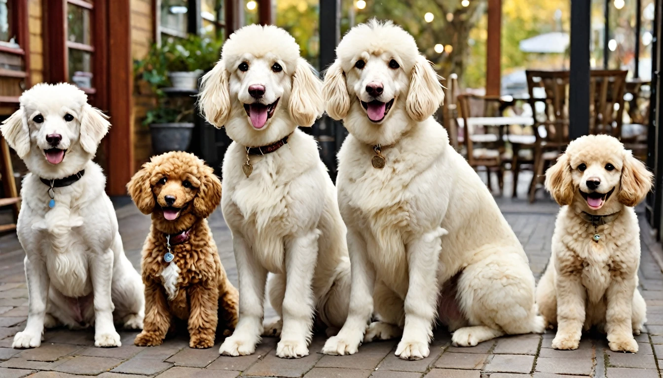 "At the welcoming 'Wonderful Wanda' dog cafe, a smiling couple enters and is greeted by exactly seven dogs, each breed clearly identifiable:

1. Center front: A friendly Golden Labrador Retriever, sitting with its distinctive otter-like tail wagging.
2. Left side: A Rough Collie with its characteristic long, flowing sable and white coat and pointed snout.
3. Right side: A pure white Standard Poodle with its curly coat trimmed in a classic continental clip.
4. Left of center: A chocolate brown Standard Poodle, also in a continental clip, standing proudly.
5. Right of center: A small Pekingese with its flat face, long coat, and lion-like mane, sitting close to the ground.
6. In front, between the Labrador and white Poodle: A light brown Toy Poodle, tiny and fluffy with a teddy bear face.
7. Standing tall in the back: A white Borzoi, with its distinctively long, narrow head and lean, elegant body.

The couple kneels, reaching out to each dog. Cafe interior is warm and cozy with 'Wonderful Wanda' sign visible. Each dog's breed-specific features are prominently displayed, ensuring accurate representation of all seven specified breeds."