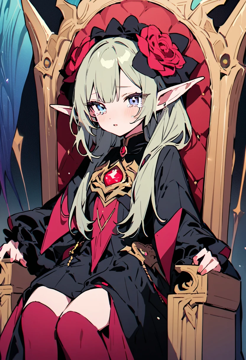 masterpiece, Highest quality, Illustration of the novel, High resolution, 18+ Adult content, Sensual, Intimate, Emotional, Passionate, romantic, sweet, Adorable, Innocent, Pure, charmな, charmな, charm, mysterious, charmな, charmな, Immersive, charmな, dream-like, Surreal, Imaginative, Whimsical, Artistic, Avant-garde, timeless, elegant, Sophisticated, chic, Sophisticated, Personality, original, charmな,((Loli Elf:1.3)),((Beautiful Tears))、Upper Body、(a bit),((Throne of Power,Throne of Power:1.3))