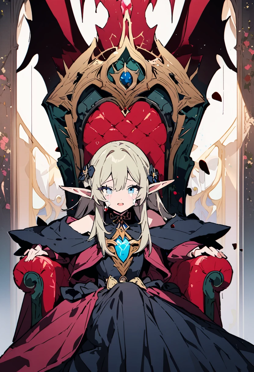 masterpiece, Highest quality, Illustration of the novel, High resolution, 18+ Adult content, Sensual, Intimate, Emotional, Passionate, romantic, sweet, Adorable, Innocent, Pure, charmな, charmな, charm, mysterious, charmな, charmな, Immersive, charmな, dream-like, Surreal, Imaginative, Whimsical, Artistic, Avant-garde, timeless, elegant, Sophisticated, chic, Sophisticated, Personality, original, charmな,((Loli Elf:1.3)),((Beautiful Tears))、Upper Body、(a bit),((Throne of Power,Throne of Power:1.3))