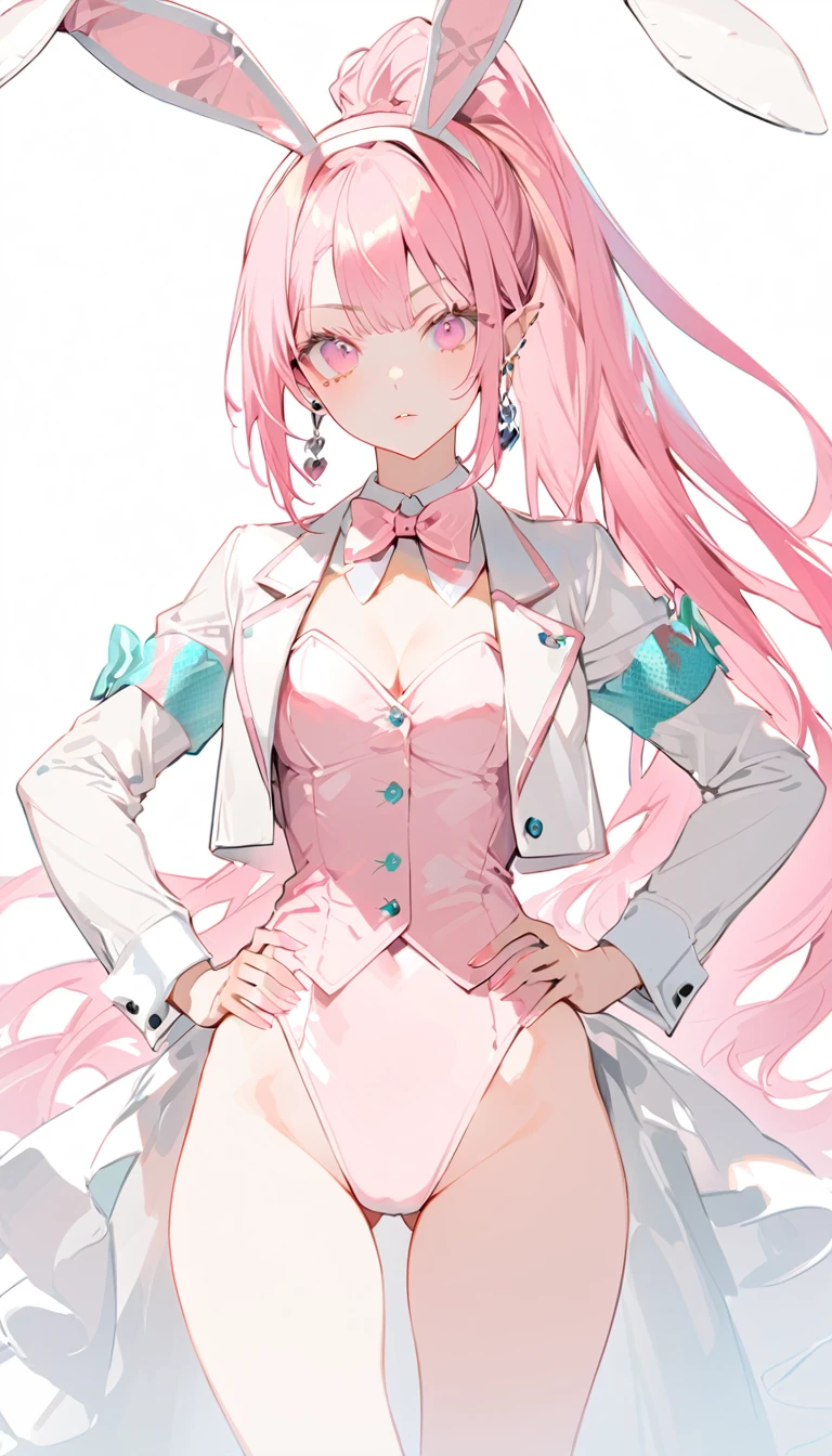 a lady in cosmetically altered business attire posing with hands on hips, solo, animal ears, hands on hips, long hair, rabbit ears, 1girl, pink hair, fake animal ears, earrings, cropped jacket, jewelry, very long hair, pink eyes, bow, playboy bunny, bowtie, jacket, ponytail