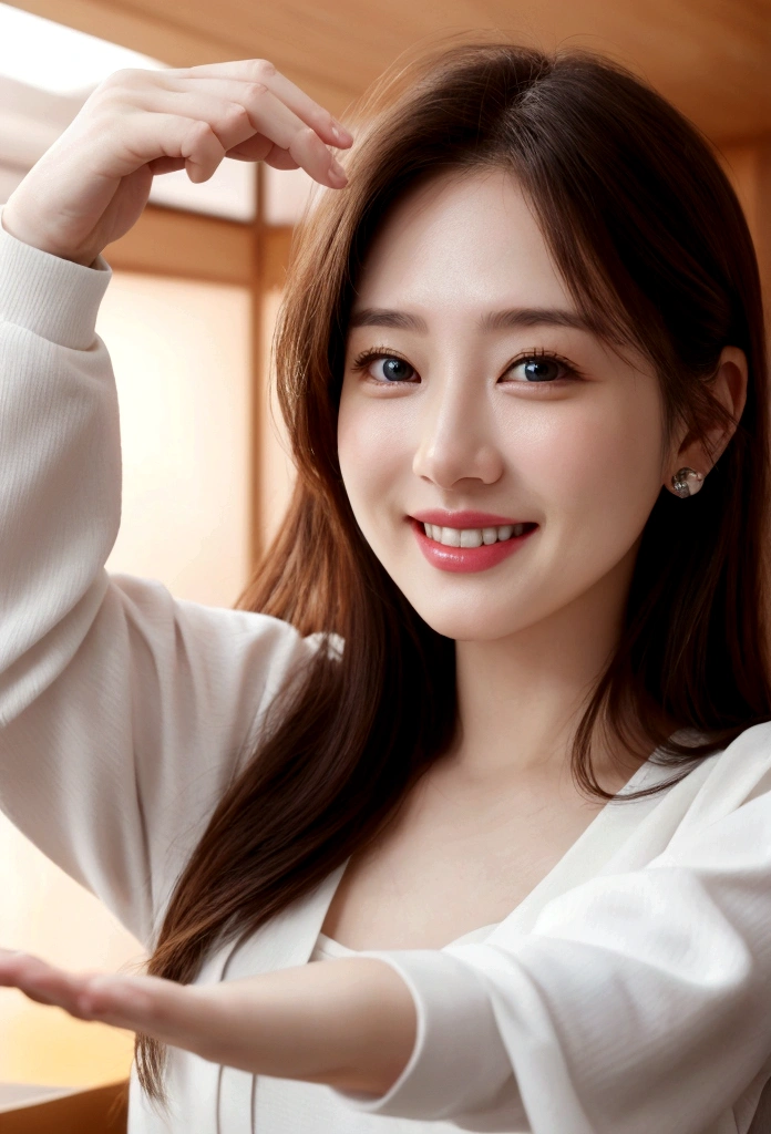 Background white　woman　Pointing the smartphone screen at the camera、smile、Realistic photos、Highest quality、high quality、The image quality is incredibly high with 32k resolution.、Capture every detail in stunning clarity。
