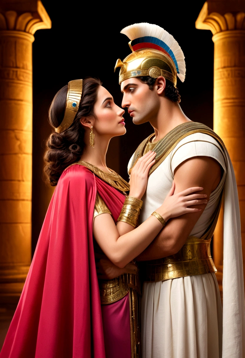 The thumbnail features a romantic, historical scene with two prominent figures, a woman and a man, in a moment of deep emotional connection. The woman is dressed extravagantly in a golden dress and elaborate accessories, like an Egyptian diadem, indicating their position of power and royalty. Her hair is styled in a sophisticated style that complements her regal appearance.. The man next to her is dressed in a red Roman tunic and a cape., symbolizing his role as a military leader or authority figure in Ancient Rome. They are in an intimate posture, with their foreheads almost touching, suggesting a moment of passion and vulnerability. The environment in the background has grand columns, reminiscent of a scene from an ancient palace or temple, adding a touch of majesty and history to the image. Bright red hearts float around the couple, accentuating the central theme of love and romance. As palavras "history of love" are in large, vibrant letters at the bottom of the image. As palavras "history" are in hot pink, mens "of love" It's in bright yellow, standing out against the dark background and drawing the viewer's attention to the passionate theme of the content. This image evokes a sense of epic romance, interweaving story elements, power and passion, promising an engaging narrative about a legendary and emotional relationship.