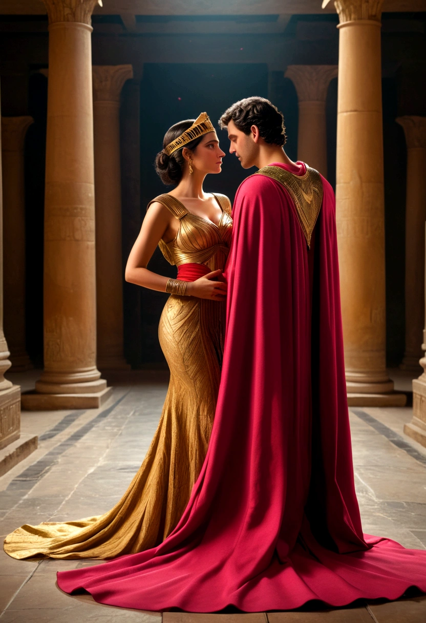 The thumbnail features a romantic, historical scene with two prominent figures, a woman and a man, in a moment of deep emotional connection. The woman is dressed extravagantly in a golden dress and elaborate accessories, like an Egyptian diadem, indicating their position of power and royalty. Her hair is styled in a sophisticated style that complements her regal appearance.. The man next to her is dressed in a red Roman tunic and a cape., symbolizing his role as a military leader or authority figure in Ancient Rome. They are in an intimate posture, with their foreheads almost touching, suggesting a moment of passion and vulnerability. The environment in the background has grand columns, reminiscent of a scene from an ancient palace or temple, adding a touch of majesty and history to the image. Bright red hearts float around the couple, accentuating the central theme of love and romance. As palavras "history of love" are in large, vibrant letters at the bottom of the image. As palavras "history" are in hot pink, mens "of love" It's in bright yellow, standing out against the dark background and drawing the viewer's attention to the passionate theme of the content. This image evokes a sense of epic romance, interweaving story elements, power and passion, promising an engaging narrative about a legendary and emotional relationship.