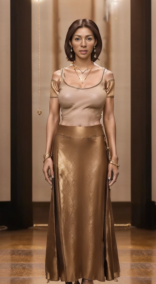 High resolution, High resolution, High detail, masterpiece, Rough skin, Anatomically correct, sharp((((Sexy makeup))),Black Background、((((((Japanese Mature, 70 years old)), alone, ((Facial wrinkles)), (((((Shapely large breasts, Straight light brown hair that reaches the shoulders, )))))(((Stand upright, Facing the center of the screen.))), Open your mouth and stare straight ahead., ((Cowboy Shot)),Slim Abs、Thighs、Full body portrait、Gold Necklace Earrings,Casual T-shirt、Tight long skirt、