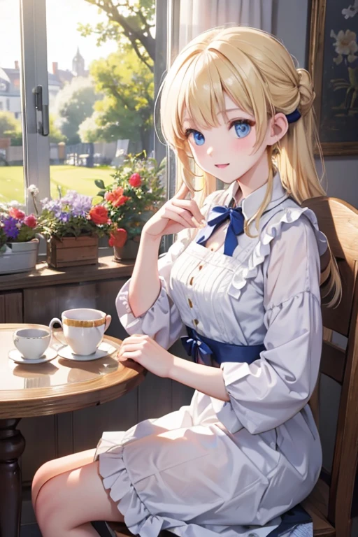 (8K, Highest quality, tableトップ:1.2)、Ultra-high resolution、14-year-old girl, Perfect Fingers, Detailed face, blue eyes, Blonde, half updo, Blue Apron Dress, garden, flower bed, (table:1.5), tea , Tea cup, cake, Sit on a chair