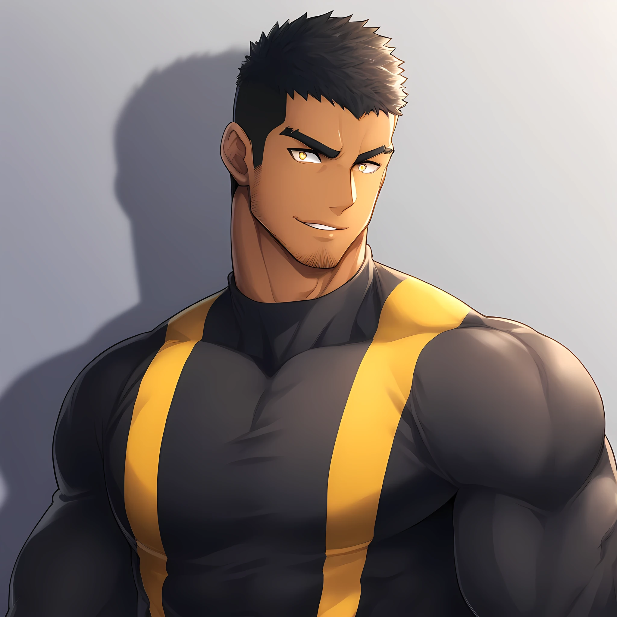 anime characters:Gyee, Muscle Sports Student, negro black skin, 1 dark skin muscular tough guy, Manliness, male focus, Yellow and black striped high collar long sleeve tight T-shirt, Slightly transparent material, Very tight, Round, full and perky chest muscles, Slightly transparent, muscular male, muscular, only, Upper body, alone, Black short hair, Thick eyebrows, stubble, Yellow eyes, Grey background, simple background, amazing quality, best aesthetics, Ridiculous, bright pupils, crew cut, parted lips, seductive smile, torogao, naughty face, drop shadow, best quality