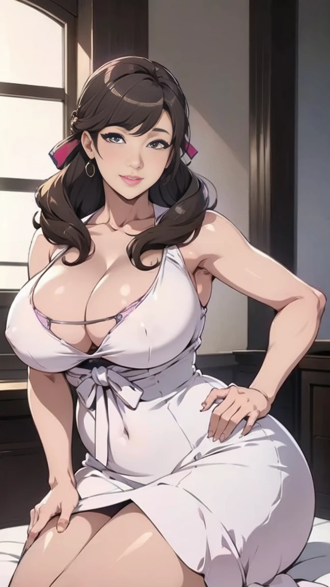 ((best quality)), ((masterpiece)), (detailed), (Realistic), (Vibrant), Mamako Oosuki, brown hair, expressive eyes, happy eyes, purple eyes, looking at pov, eyes looking at pov, perfect face, flawless face, mature, mature woman, smiling, happy expression, plump lips, rosey lips, lounge room, sitting, sitting cross_legged, hands on hips, white dress, short dress, curvy body, perfect body, big breasts, curvy waist, large thighs, cleavage, oppai, seductive anime girl, beautiful alluring anime woman, inspired by Nishikawa Sukenobu, with large breasts, marin kitagawa fanart, big breasts!, oppai proportions, big breasts!!, sfw huge breasts, makoto, makoto shinka