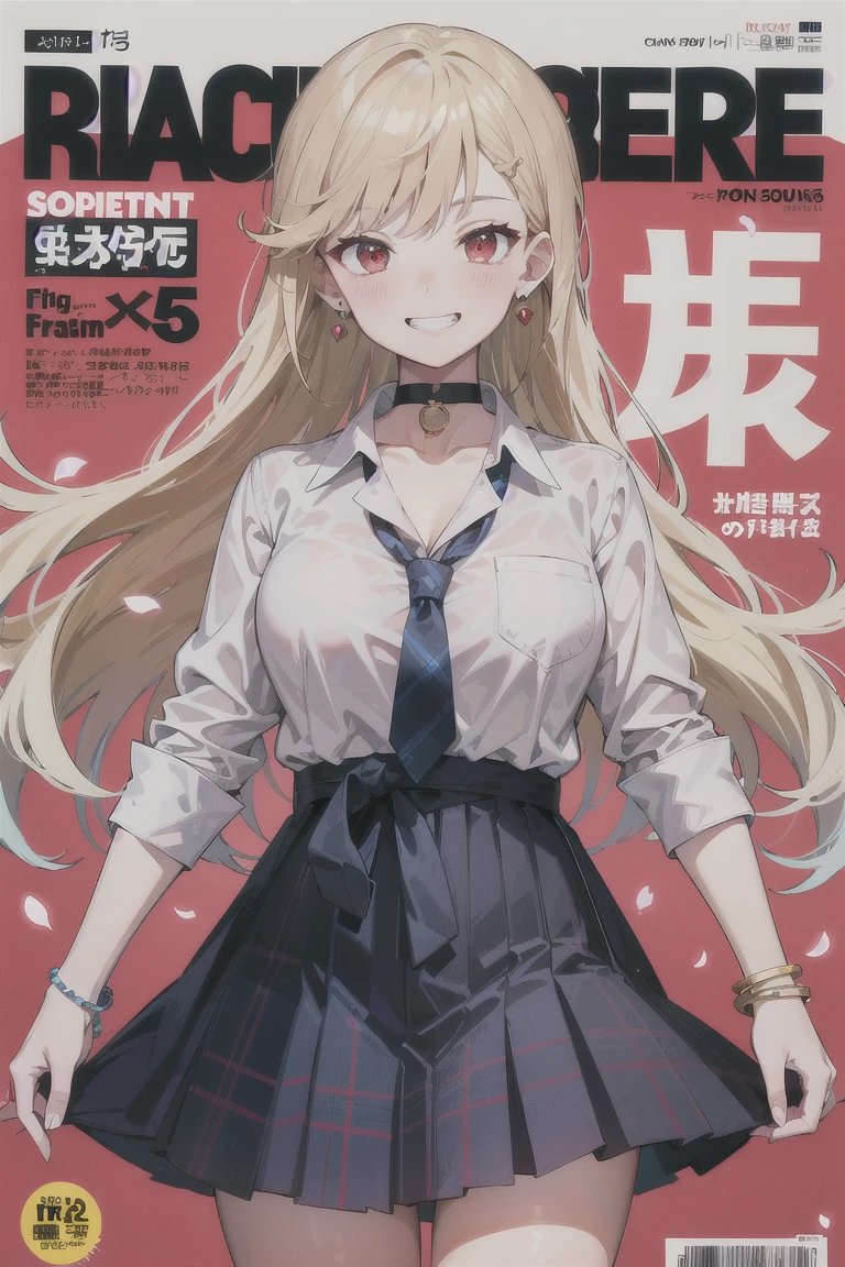 masterpiece, Highest quality,  whole body,
One girl, bangs, black choker, black tie, Blonde, blue skirt, blush, bracelet, chest, choker, clothes The surrounding area waist, clavicle, collared shirt, Cowboy Shot, dress shirt, ear Earrings, Eyebrows visible through hair, Gradient Hair, Grin, Improve, jewelry, Kogal, Long Hair, View your viewers, loose tie, tie, Earrings, Plaid, Plaid skirt, pleated skirt, Red eyes, ring, , shirt, skirt, smile, alone, white shirt,
street, null, cherry blossoms, petal,figure, (magazine:1.3), (cover-style:1.3), fashionable, woman, Vibrant, Costume, Pause, front, colorful, dynamic, background,  element, have confidence, Performance, Holding, statement, accessories, Majestic, Coiled, The surrounding area, touch, scene, article, cover, bold, to attract attention, title, stylish, font, Catchy, Heading, big, impressive, Modern, trend, concentrated, fashion,