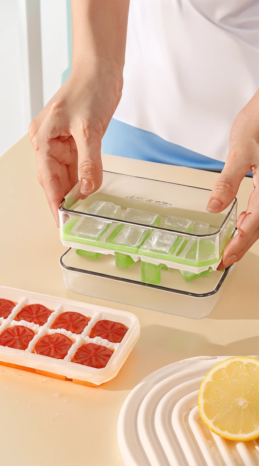 someone is putting a tray of ice cubes into a container, ice cubes, milk cubes, freezing, F2. 0, 2 colors, Silicone Case, tasty, Page, Sauce, Bottom Angle, Number 12.0, hard, 2 colors, Slimy, cube, Technology, winter, cube, green, fluffy, high quality, Home