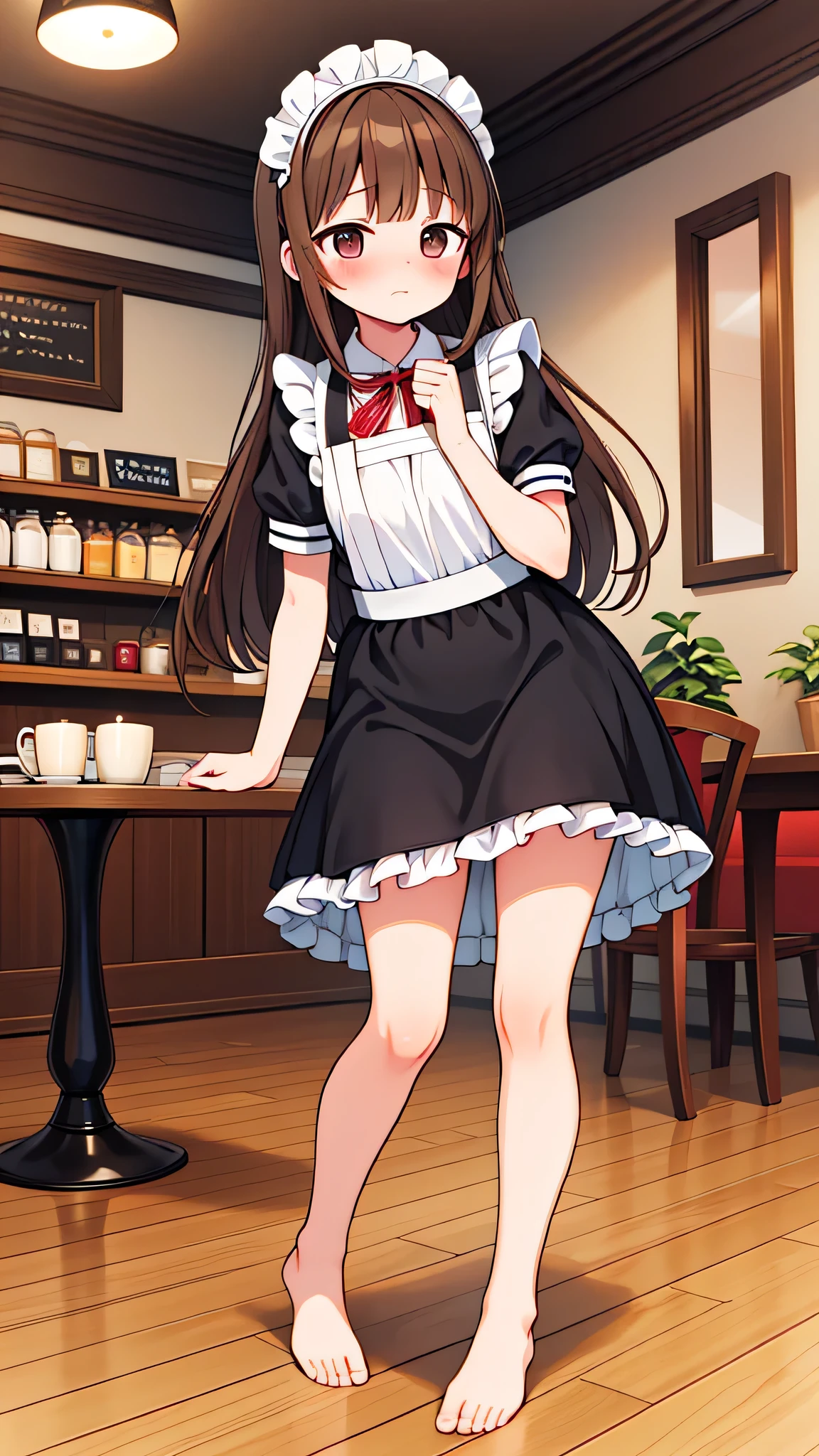 {Highest quality], [Super beautiful], [Ultra fine], [Best illustration], NSFW,Brown Hair, Hime cut, Long Hair, With bangs, girl, Embarrassed,blush, Slender women,Maid clothes,Short sleeve,Long straight skirt, Adult women,Coffee shop,diagonal,Bare feet and pumps, Plain black pumps,Strike a Pose