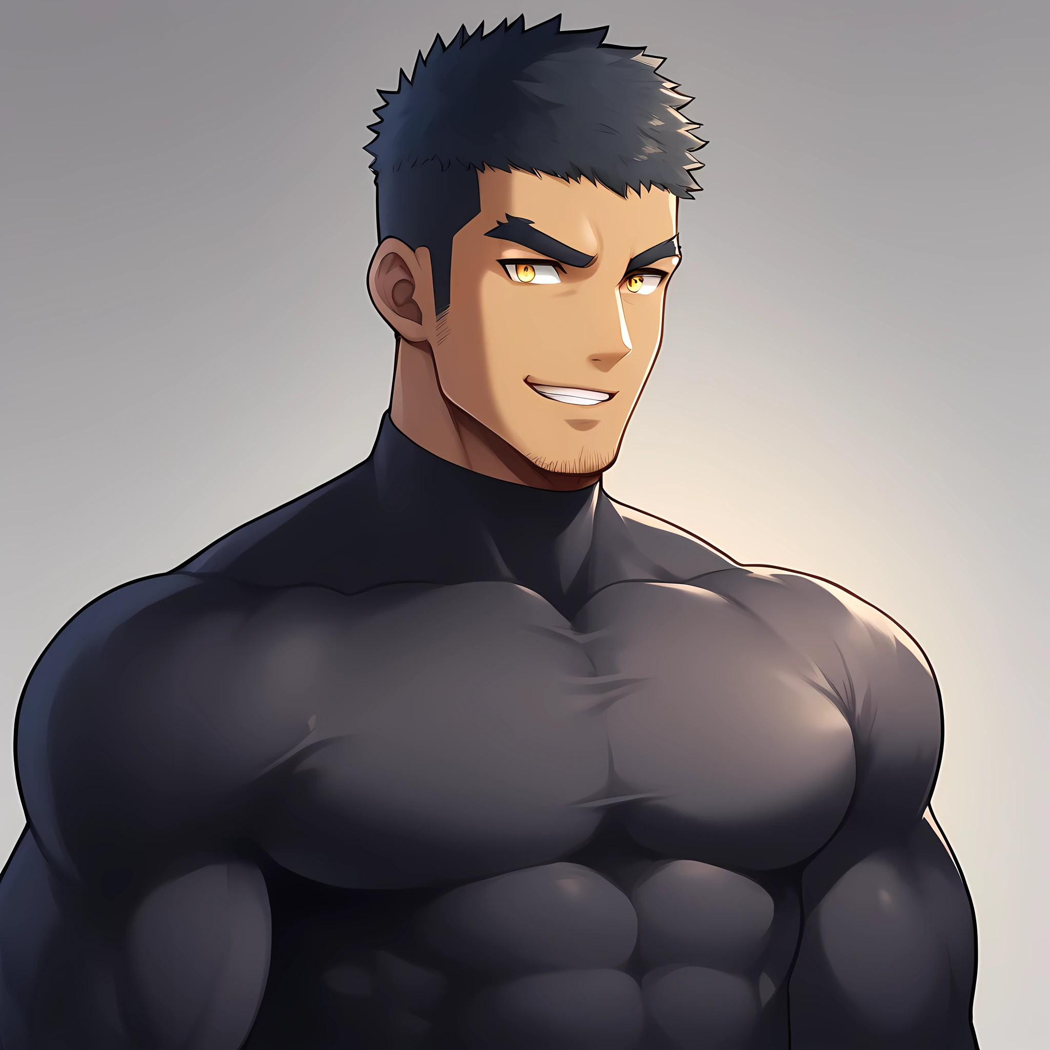 anime characters：Gyee, Muscle Sports Student, negro black skin, 1 dark skin muscular tough guy, Manliness, male focus, Light yellow high collar long sleeve tight T-shirt, Slightly transparent material, Very tight, Round, full and perky chest muscles, Slightly transparent, muscular male, muscular, only, Upper body, alone, Black short hair, Thick eyebrows, stubble, Yellow eyes, Grey background, simple background, amazing quality, best aesthetics, Ridiculous, bright pupils, crew cut, parted lips, seductive smile, torogao, naughty face, drop shadow, best quality