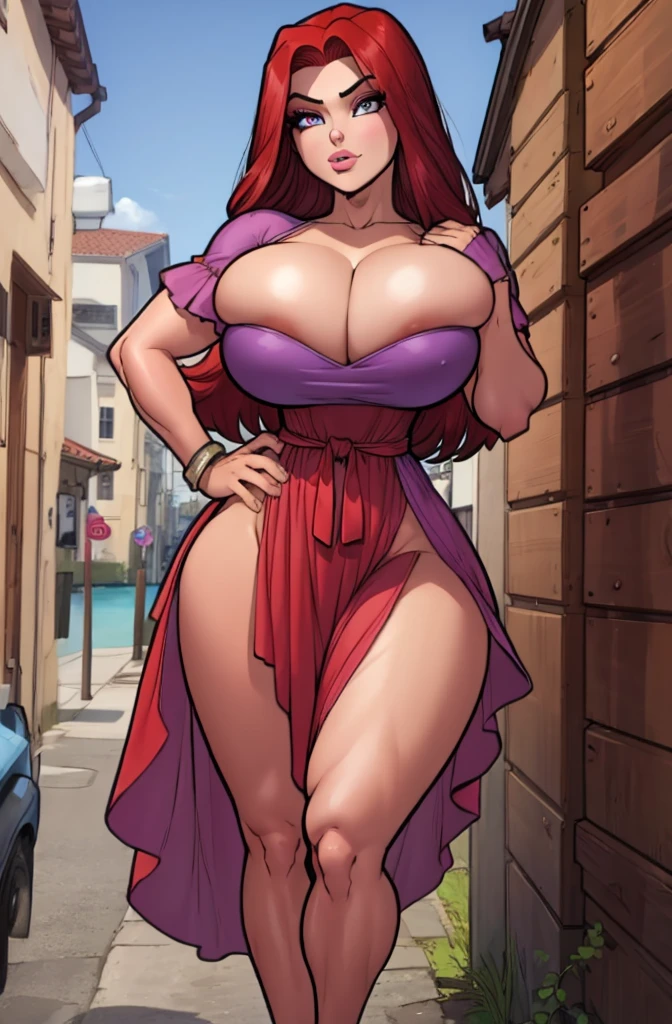 Masterpiece. detailed eyes, rabiestlagomorph, waist-length reddish purple hair, Large breasts, bursting breasts, summer dress