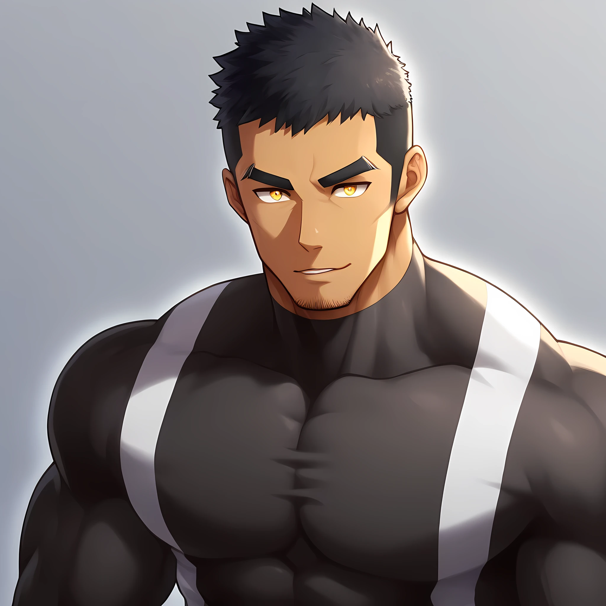 anime characters:Gyee, Muscle Sports Student, negro black skin, 1 dark skin muscular tough guy, Manliness, male focus, Light yellow high collar long sleeve tight T-shirt, Slightly transparent material, Very tight, Round, full and perky chest muscles, Slightly transparent, muscular male, muscular, only, Upper body, alone, Black short hair, Thick eyebrows, stubble, Yellow eyes, Grey background, simple background, amazing quality, best aesthetics, Ridiculous, bright pupils, crew cut, parted lips, seductive smile, torogao, naughty face, drop shadow, best quality