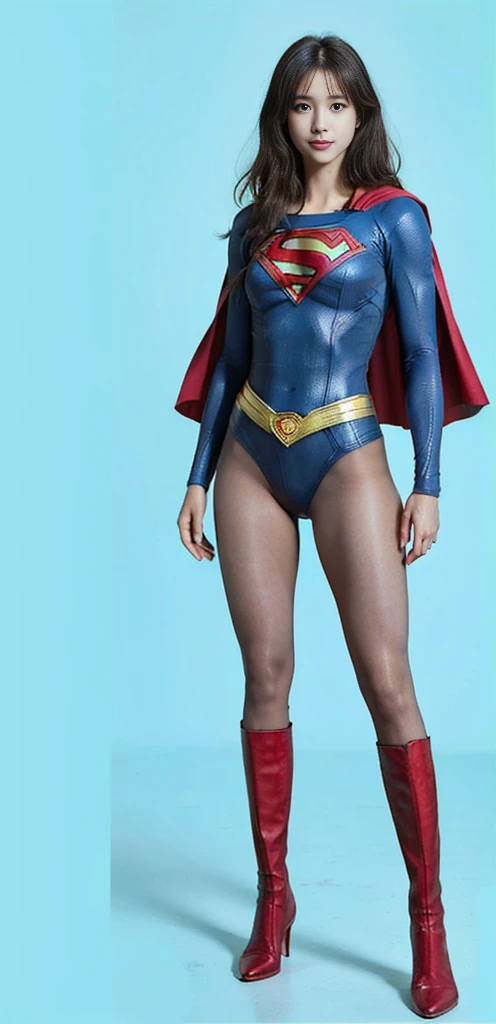 No background、(((Beautiful legs in black tights.)))、(((Legally express the beauty of your smile)))、((((Make the most of your original images)))、(((Supergirl Costume)))、(((Beautiful very short hair)))、(((suffering)))、(((Please wear black tights....、Wear red boots)))、((Best image quality、8K))、((Highest quality、8K、masterpiece:1.3))、(((Preserve background )))、Sharp focus:1.2、Beautiful woman with perfect figure:1.4、Slim Abs:1.2、Wet body:1.5、Highly detailed face and skin texture、8K