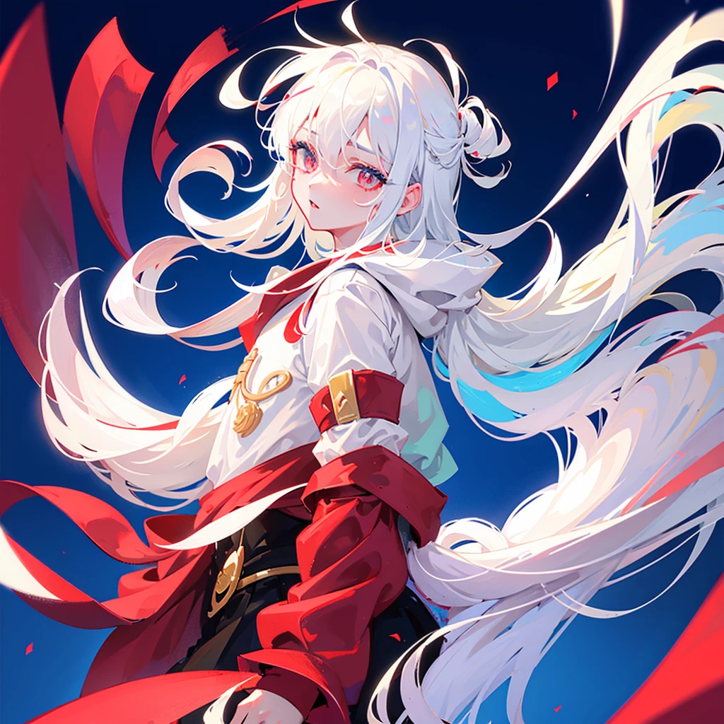 White hair, long, beautiful boy, cute, androgynous, white left eye, red right eye, love, fleeting, solo, blue background