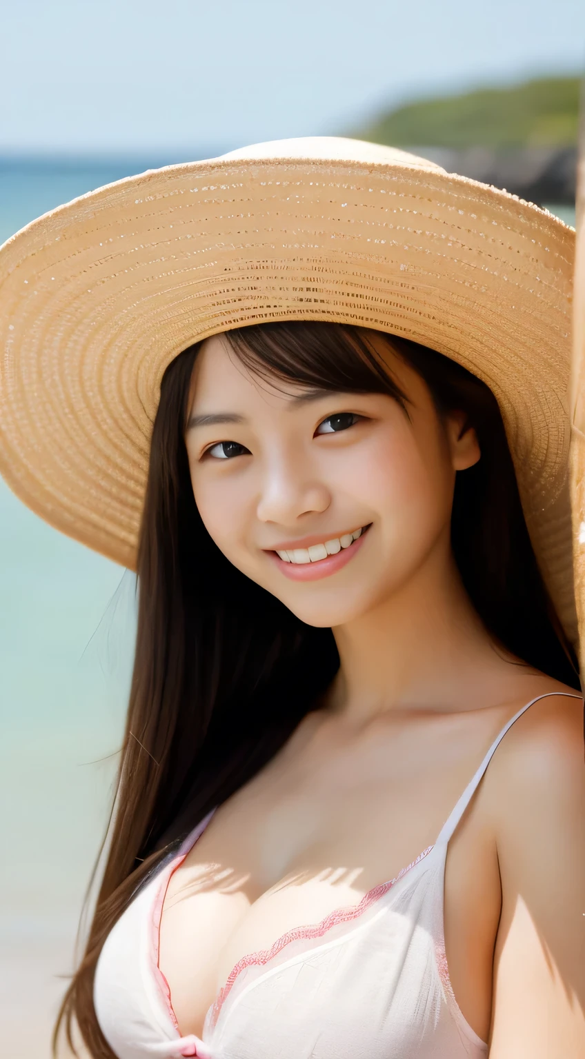 masterpiece,best quality,(Japanese ),((Beautiful girl)),cleavage,(perfect body beauty:1.2),(shy smile),beautiful teeth,(straw hat),(seaside),
