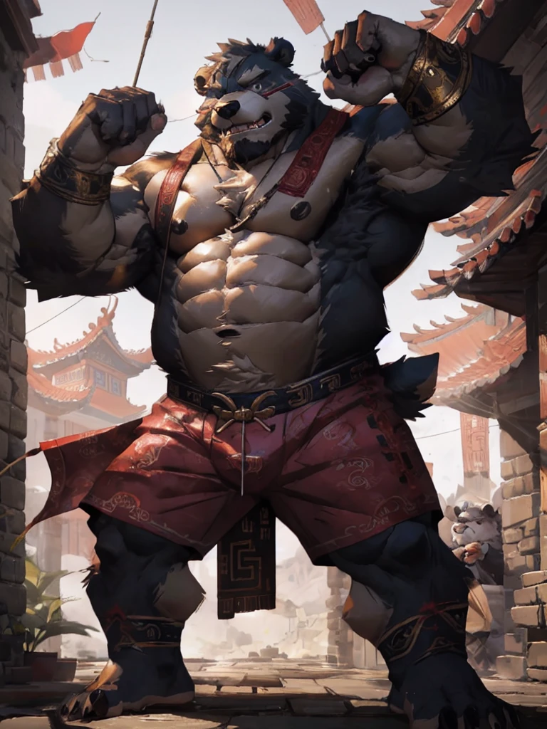 furry character,A very tall and strong bear,He was bare-chested and wearing a pair of cloth shorts,he is a chinese bandit boss,With a look on his face,he is middle age,The Bandit Stockade,ancient style,clear eyes,by lindong