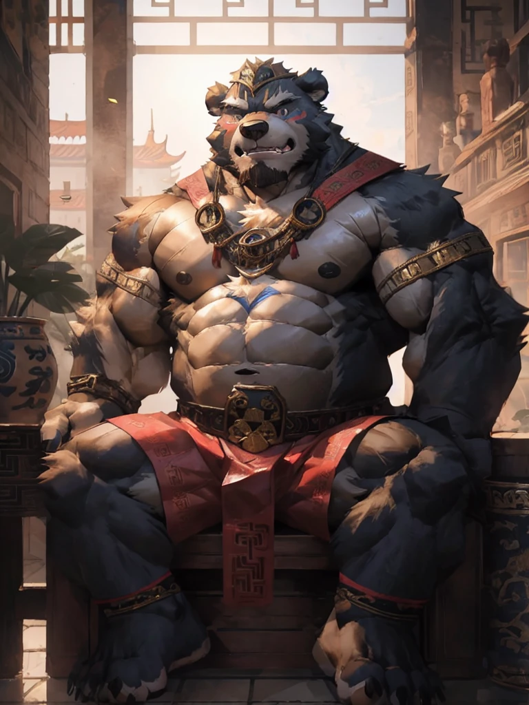 furry character，A very tall and strong bear，He was bare-chested and wearing a pair of cloth shorts，he is a chinese bandit boss，With a fierce look on his face，he is middle age，The Bandit Stockade，ancient style，clear eyes，by lindong