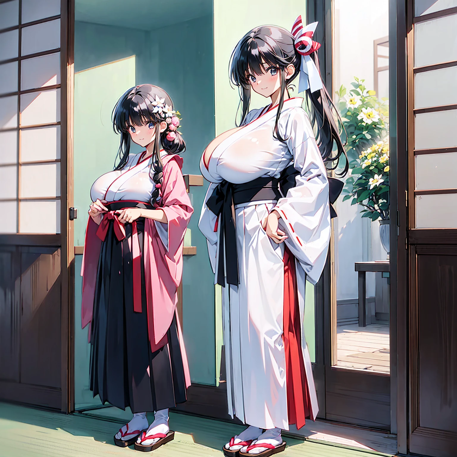 (1girl)(gigantic breasts)(ecstasy)(gigantic breasts) this man is an anime girl that is dressed in a uniform.bokutou an anime girl is dressed in a uniform, 1girl, solo, breasts, japanese clothes, black hair, smile, looking at viewer, large breasts, blush, skirt, hakama, white kimono, bangs, hakama skirt, closed mouth,big breasts, huge breasts, gigantic breasts,kendo hall, wood floor, a girl with dark hair standing in front of a door and wardrobe, japanese clothes, 1girl, solo, black hair, hakama, skirt, blush, looking at viewer, white kimono, hakama skirt, bangs,big breasts, huge breasts, gigantic breasts