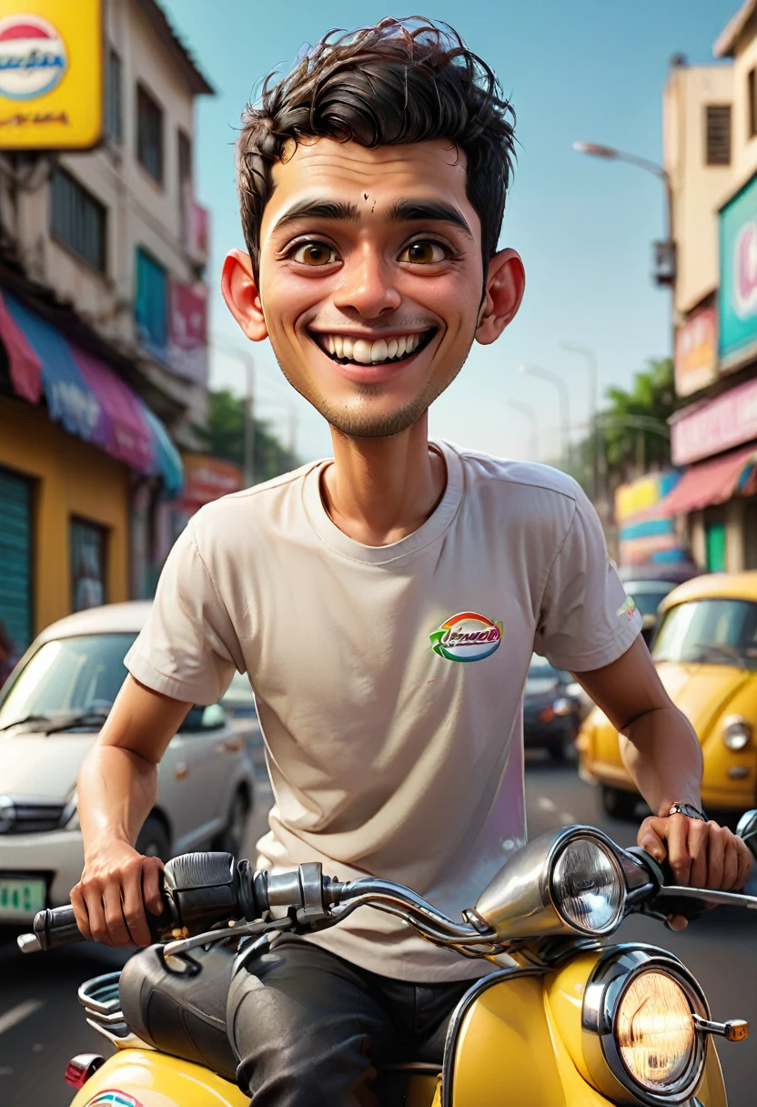 Create a caricature 3D cartoon style with a big head. A 25 year old Indonesian youth. Short hair, messy black, oval face, with a clear chin line. was riding yellow color a Vespa motorbike on the highway. arched eyebrows and brown eyes. His nose was sharp, he smiled with thin lips. Wearing a white t-shirt with a stylish font logo that says 'Club Vespa'. Color full rainbow background. Photorealistic, high definition, sharp details, natural lighting. At the top of the image, create a logo with the words "PRO AI Presents Club Vespa Indonesia". (masterpiece), (best quality, highly detailed skin and face), ultra-realistic, hd, sharp focus.