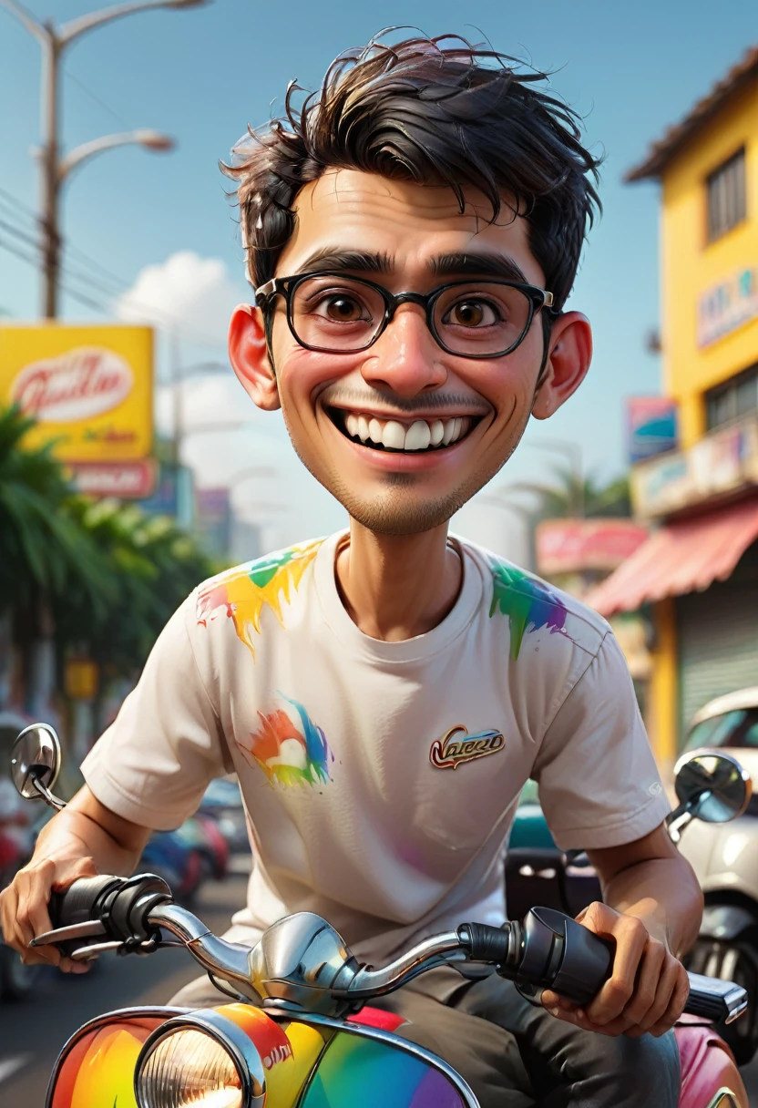 Create a caricature 3D cartoon style with a big head. A 25 year old Indonesian youth. Short hair, messy black, oval face, with a clear chin line. was riding yellow color a Vespa motorbike on the highway. arched eyebrows and brown eyes. His nose was sharp, he smiled with thin lips. Wearing a white t-shirt with a stylish font logo that says 'Club Vespa'. Color full rainbow background. Photorealistic, high definition, sharp details, natural lighting. At the top of the image, create a logo with the words "PRO AI Presents Club Vespa Indonesia". (masterpiece), (best quality, highly detailed skin and face), ultra-realistic, hd, sharp focus.
