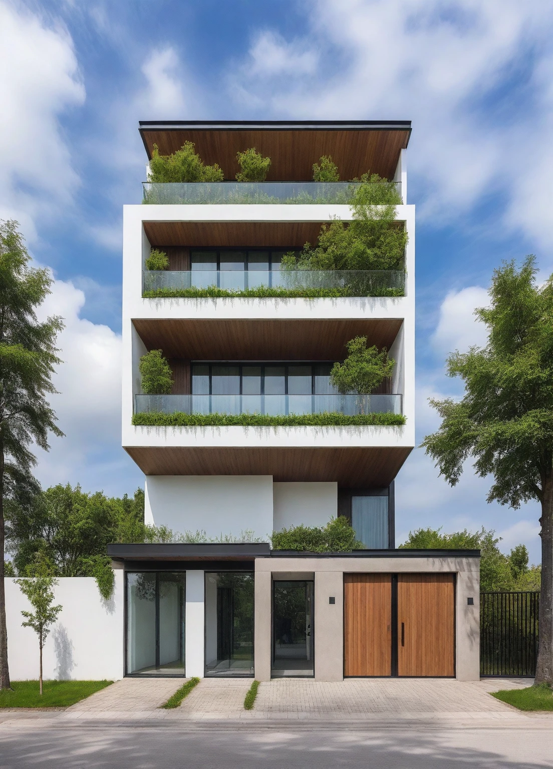 Raw photo,Masterpiece, high quality, best quality, authentic, super detail,
outdoors, house style modern,bietthuhn, white wall, glass windows, gate
road,pavement, grass, trees, sky, cloud, (day:1.1),