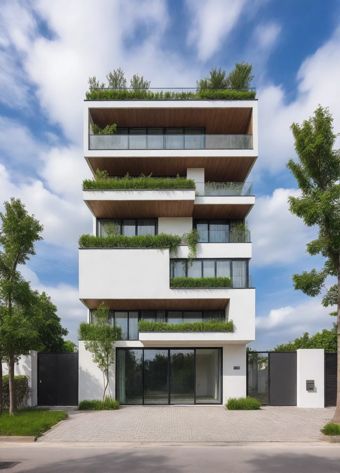 Raw photo,Masterpiece, high quality, best quality, authentic, super detail,
outdoors, house style modern,bietthuhn, white wall, glass windows, gate
road,pavement, grass, trees, sky, cloud, (day:1.1),