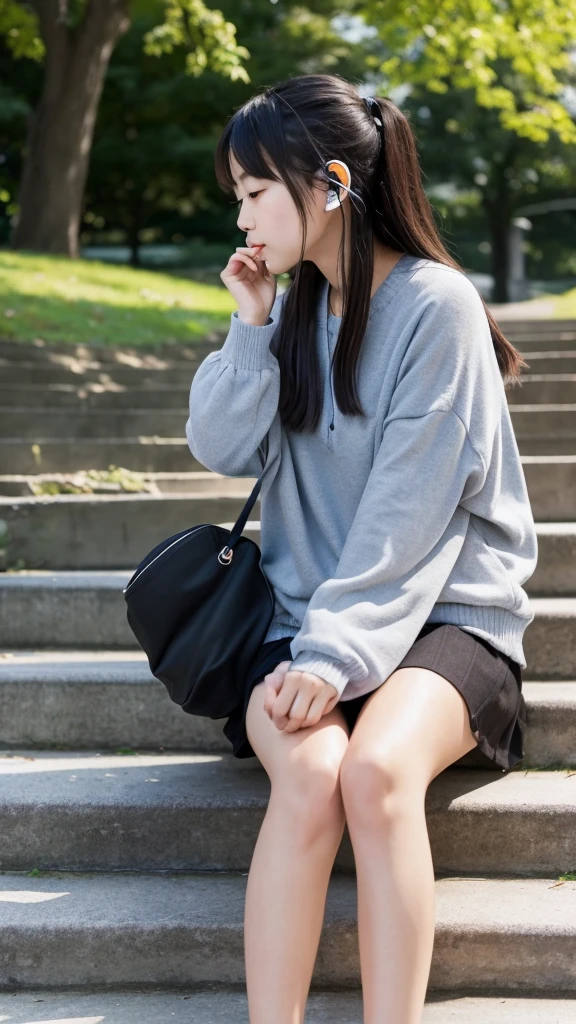 A Japanese girl in her 20s sitting on the stairs in the park listening to music with earphones, looking at the camera with a sad face, profile