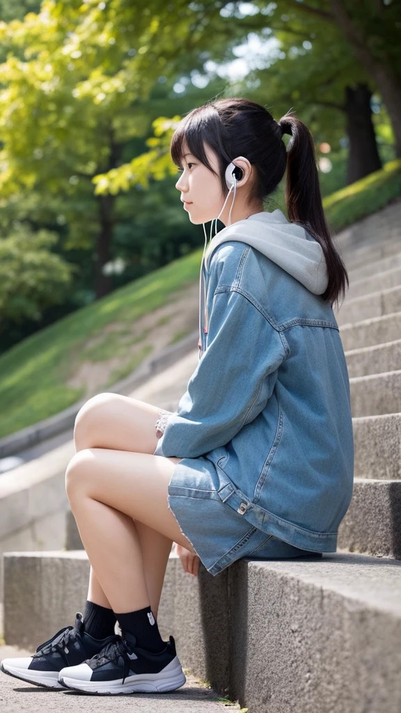 A Japanese girl in her 20s sitting on the stairs in the park listening to music with earphones, looking at the camera with a sad face, profile