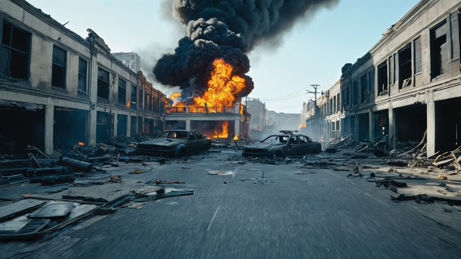 warzone, pov, big alley road, destroyed vehicles & buildings, fire, destruction, background