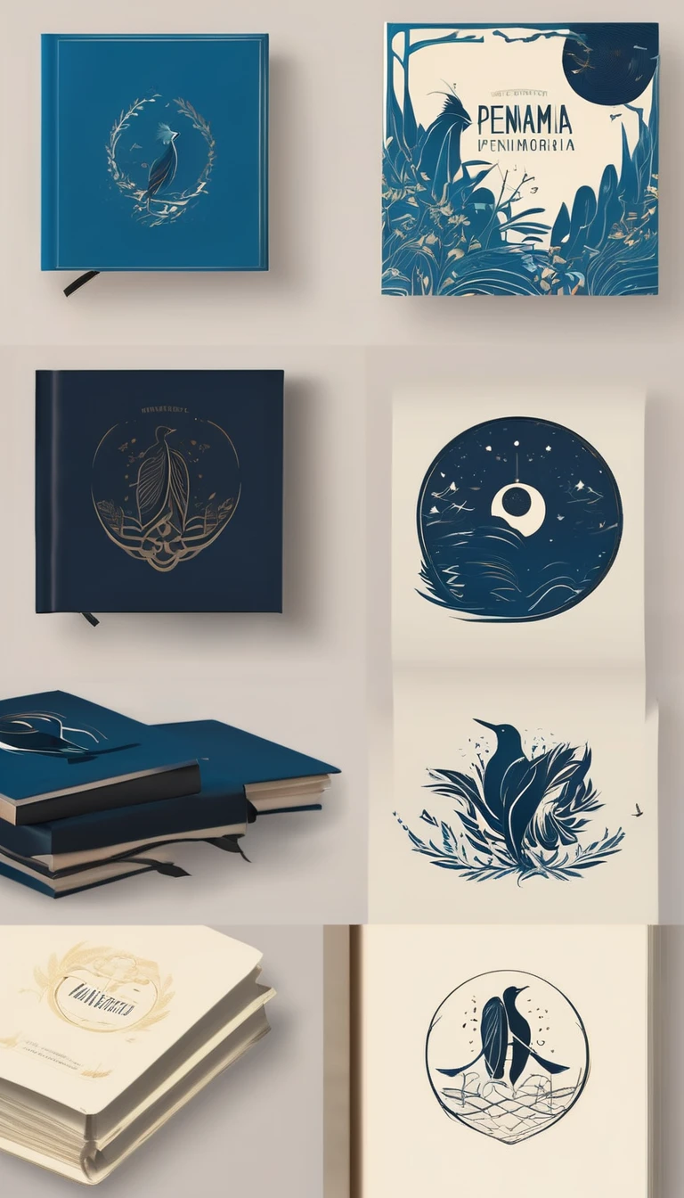 A minimal, modern, simple, cinematic logo design for the brand “Penamemoria". The logo design must be a simple, silhouette of a boy, standing up, playing acoustic guitar and fantasy feather by his side. The logo must convey a sense of music, stories, memories and dreams. Logo design impressed on a book cover. Minimalistic logo. Light blue, soft white and light golden as colors for the logo design