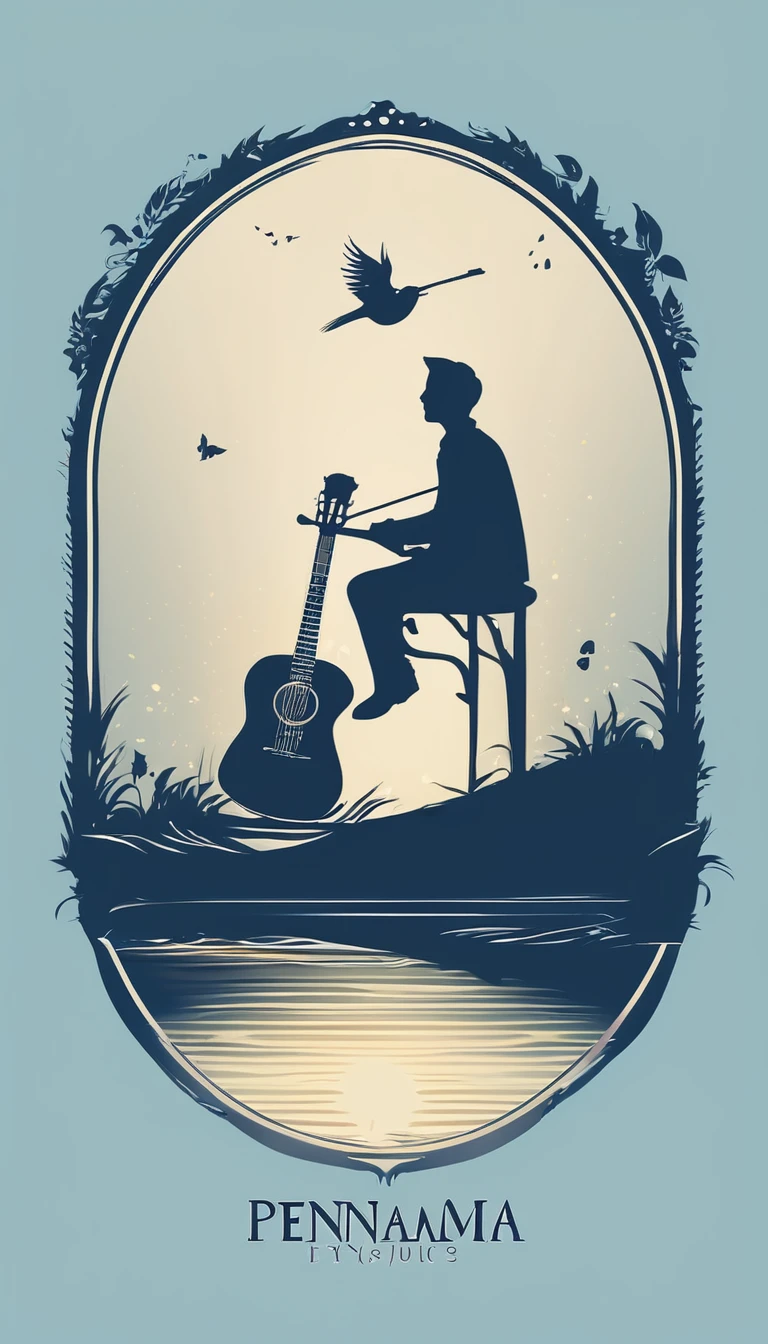 A minimal, modern, simple, cinematic logo design for the brand “Penamemoria". The logo design must be a simple, silhouette of a boy, standing up, playing acoustic guitar and fantasy feather by his side. The logo must convey a sense of music, stories, memories and dreams. Logo design impressed on a book cover. Minimalistic logo. Light blue, soft white and light golden as colors for the logo design