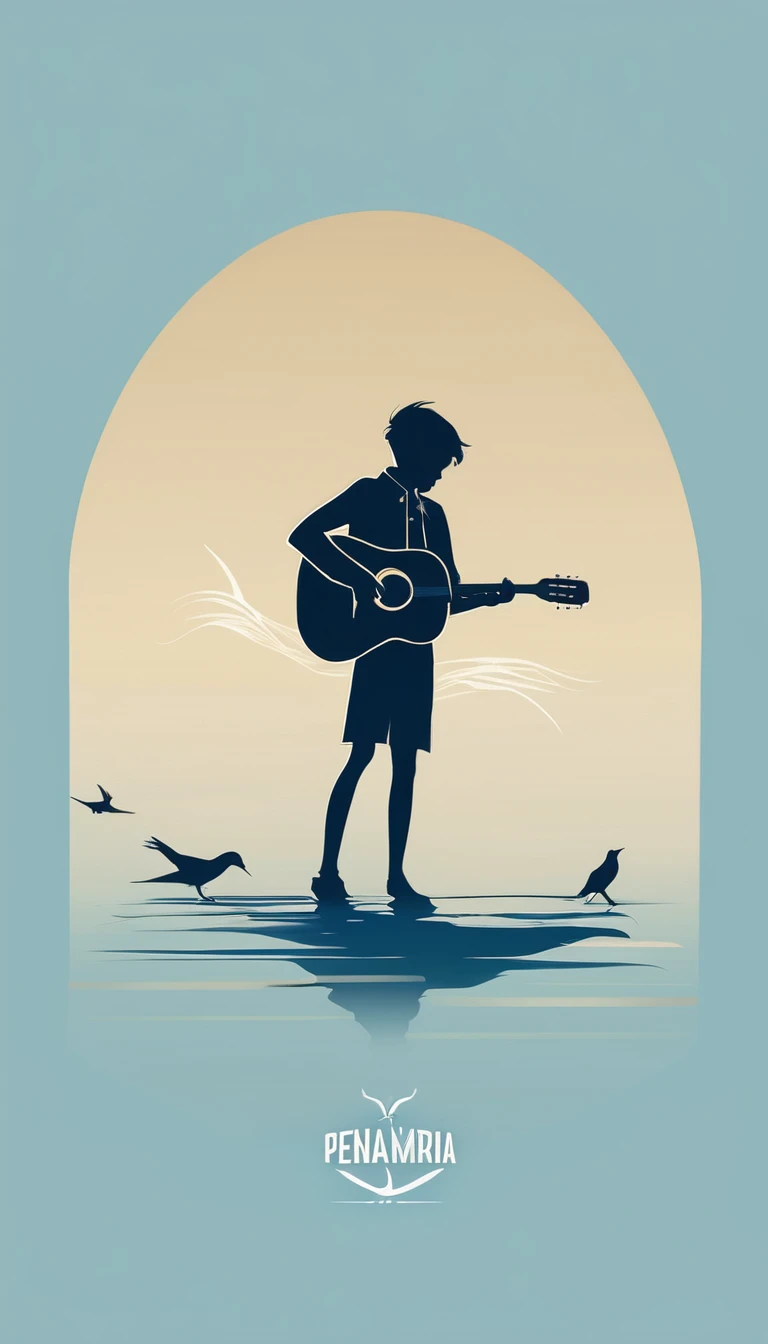 A minimal, modern, simple, cinematic logo design for the brand “Penamemoria". The logo design must be a simple, silhouette of a boy, standing up, playing acoustic guitar and fantasy feather by his side. The logo must convey a sense of music, stories, memories and dreams. Logo design impressed on a book cover. Minimalistic logo. Light blue, soft white and light golden as colors for the logo design