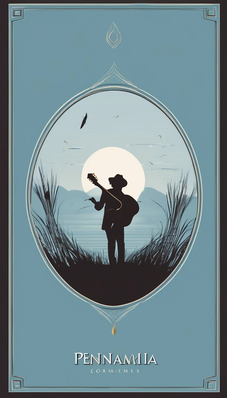 A minimal, modern, simple, cinematic logo design for the brand “Penamemoria". The logo design must be a simple, silhouette of a boy, standing up, playing acoustic guitar and fantasy feather by his side. The logo must convey a sense of music, stories, memories and dreams. Logo design impressed on a book cover. Minimalistic logo. Light blue, soft white and light golden as colors for the logo design