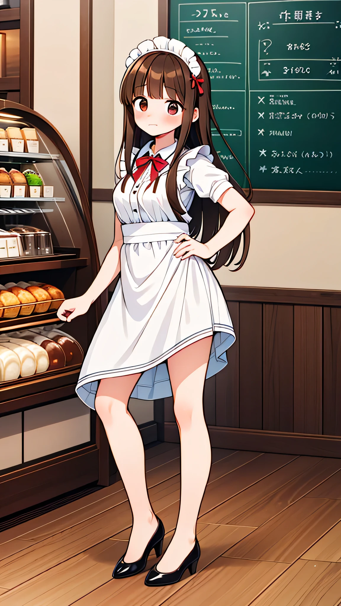 {Highest quality], [Super beautiful], [Ultra fine], [Best illustration], NSFW,Brown Hair, Hime cut, Long Hair, With bangs, girl, Embarrassed,blush, Slender women,Maid clothes,Short sleeve,Long straight skirt, Adult women,Coffee shop,diagonal,Bare feet and pumps, Plain black pumps,Strike a Pose