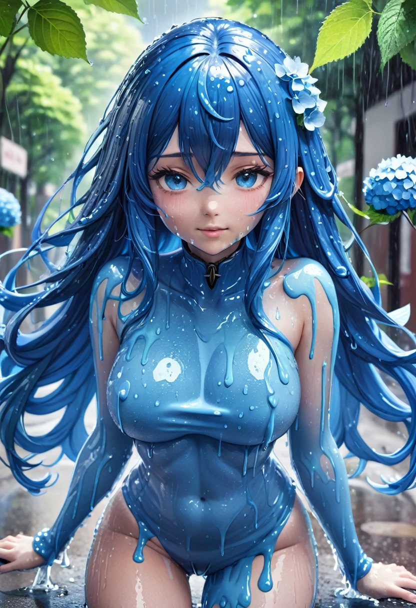 (high resolution, tabletop:1.2), ultra detailed, portrait, slime girl, 20 years old, covered in blue slime, sexy outfit with light blue slime, (partially transparent), (wet), (blue sweat), blue liquid is dripping from her body. Her hair is also covered in blue slime. Blue slime is splattered all over, blue hair, bangs, long hair, blue eyes, large breasts, slender, excited, lewd, vulgar, smiling, (((((rain, hydrangea street, forest background, nature))))), cinematic lighting, cinematic angle, angle from below, (((((cowboy shot))))),