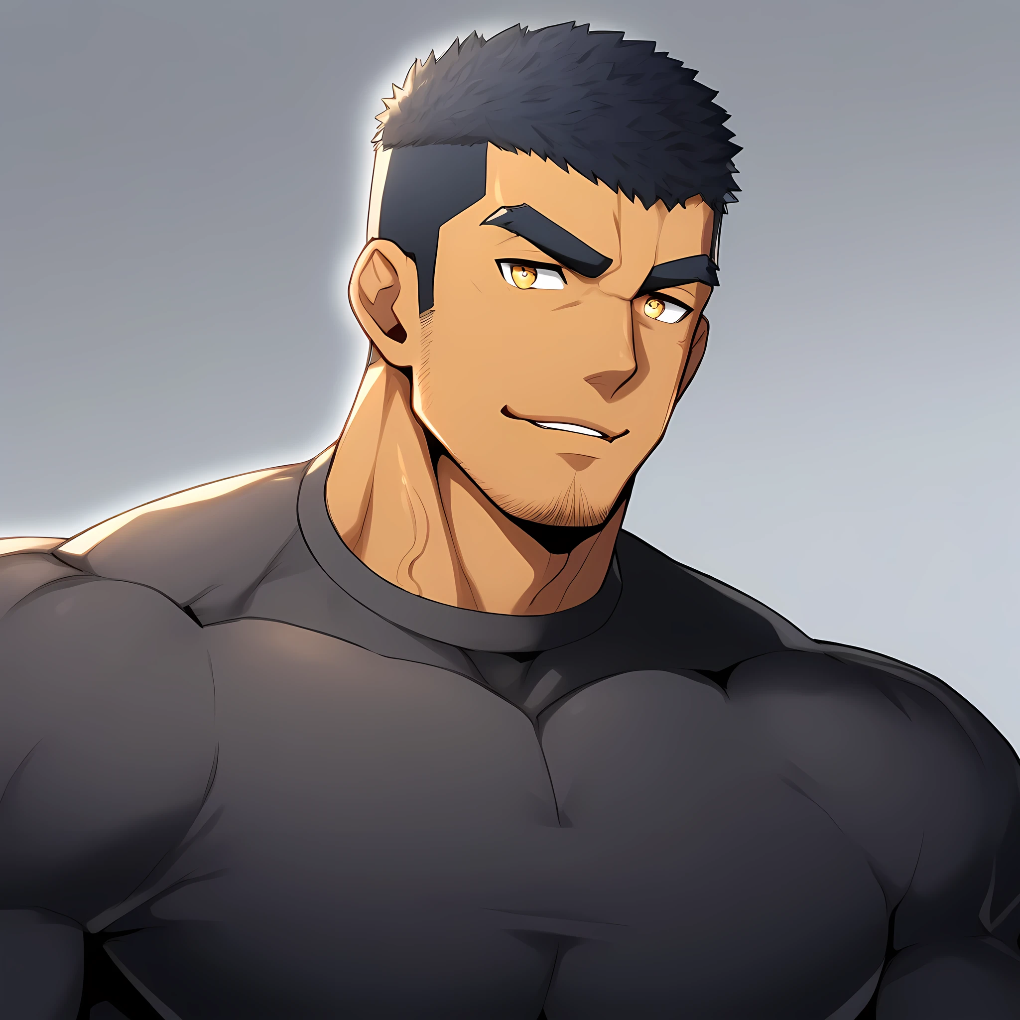 anime characters:Gyee, Muscle Sports Student, negro black skin, 1 dark skin muscular tough guy, Manliness, male focus, Yellow and black striped high collar long sleeve tight T-shirt, Slightly transparent material, Very tight, Round, full and perky chest muscles, Slightly transparent, muscular male, muscular, only, Upper body, alone, Black short hair, Thick eyebrows, stubble, Yellow eyes, Grey background, simple background, amazing quality, best aesthetics, Ridiculous, bright pupils, crew cut, parted lips, seductive smile, torogao, naughty face, drop shadow, best quality