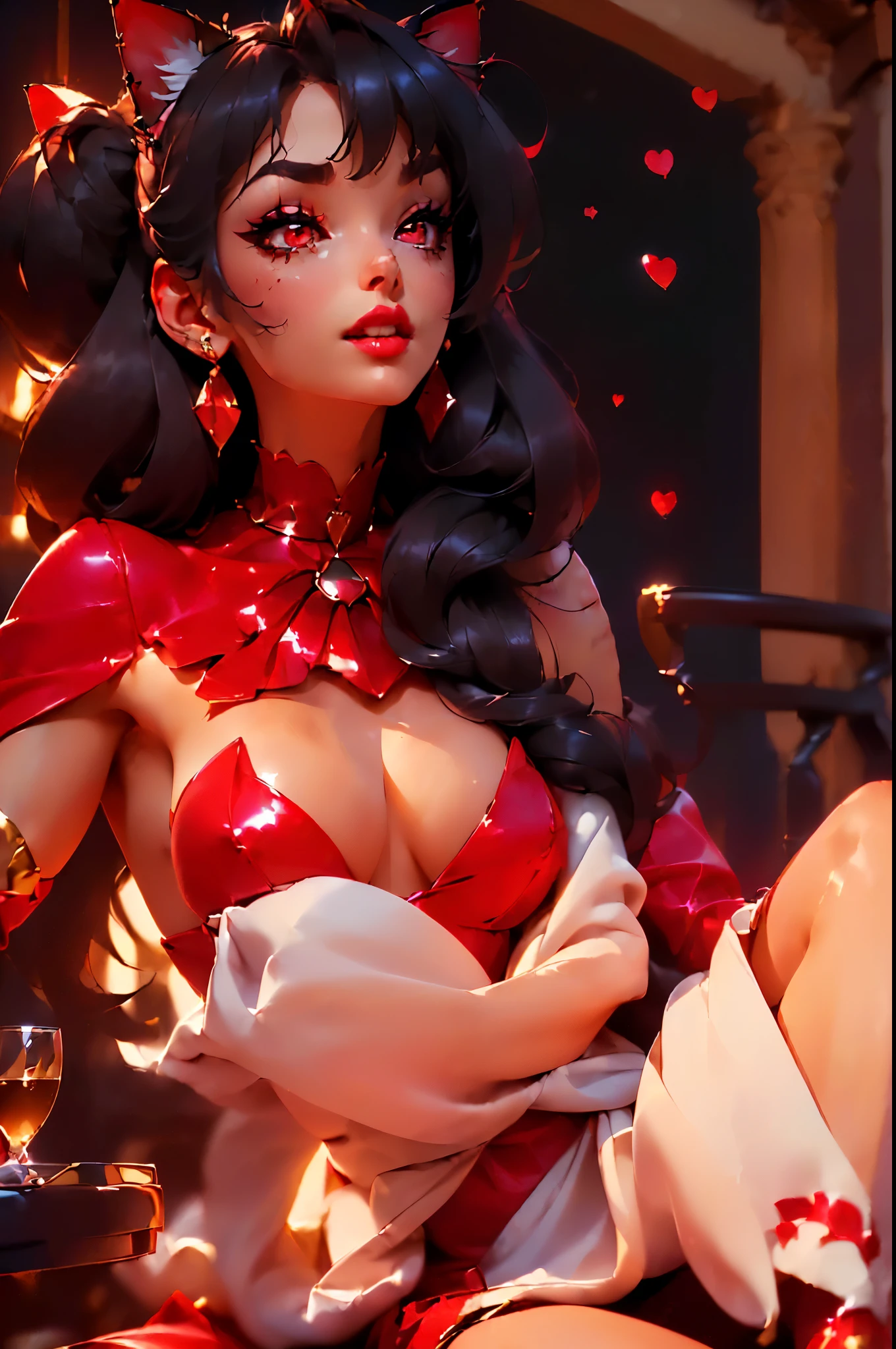 ((point of view)), ((junkotvv)) ((cat ears)), ((in love, she is in love, she loves the viewer))((romantic dinner date, champagne, Canddles)) ((tall and sexy russian supermodel)) ((beautiful face)) ((wide and happy smile)) ((bright red lipstick)) ((very dark eyeshadow makeup)) ((Big bright red eyes)) ((very long and messy black hair, fringe)) (()) ((very big chest:1.5)) ((perfect slim body torso1.3)) ((she is wearing a red strapless sequin dress)) ((red choker, earrings, red stockings)) (())((Inside the dark room sit on a chair having a romantic dinner, many Canddles around))(high resolution, DYNAMIC SHADOWS)((photorealistic:1.5)) ((Masterpiece:1.3)) (8k) (Perfect face) ((Best Quality:1.4)) (Perfect hands and eyes)