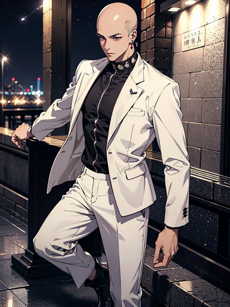 high resolution,Baldhead,male,Red pupil,earrings,show chest muscles,White suit,Black pants,Black boots,night