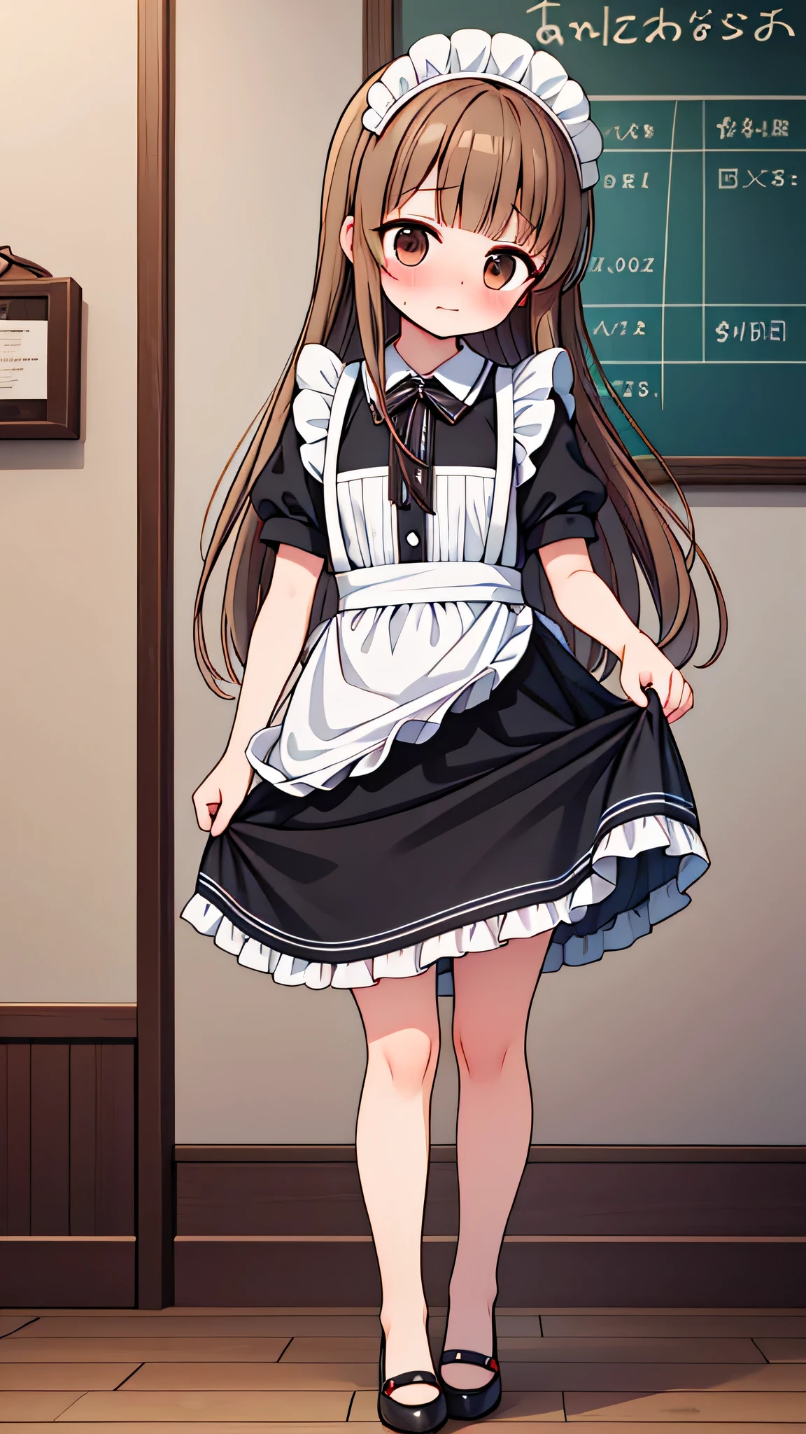 {Highest quality], [Super beautiful], [Ultra fine], [Best illustration], NSFW,Brown Hair, Hime cut, Long Hair, With bangs, girl, Embarrassed,blush, Slender women,Maid clothes,Short sleeve,Long straight skirt, Adult women,Coffee shop,diagonal,Bare feet and pumps, Plain black pumps,Strike a Pose