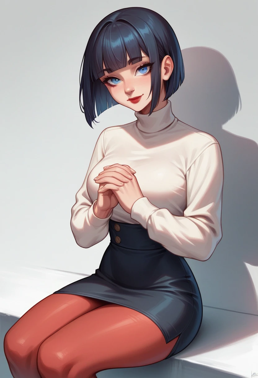 Generate hyper realistic image of a woman with short red hair styled in a bob cut with blunt bangs, looking at the viewer with blue eyes and a closed mouth. She is sitting with her head tilted slightly, her own hands together on her lap, wearing a white turtleneck sweater paired with a black high-waist pencil skirt. She has on shiny red pantyhose and shiny makeup, including pink lips and clear skin. She is smiling subtly, her nose and red lips highlighted by her makeup, her outfit completed by a black sweater over her turtleneck.