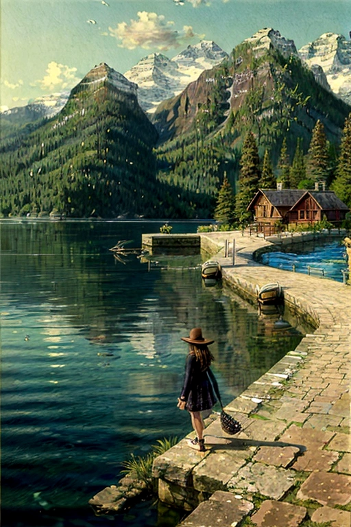 Ridiculous resolution, high resolution, (masterpiece: 1.4), Ultra Detail, pier,Rocky Edge, ung woman, boating,Single boat
