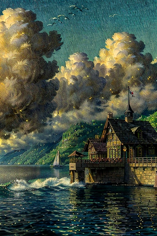 Ridiculous resolution, high resolution, (masterpiece: 1.4), Ultra Detail, pier,Rocky Edge, 1 young woman, boating,Single boat