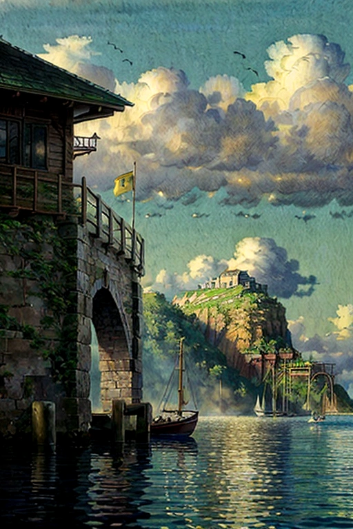 Ridiculous resolution, high resolution, (masterpiece: 1.4), Ultra Detail, pier,Rocky Edge, 1 young woman, boating,Single boat