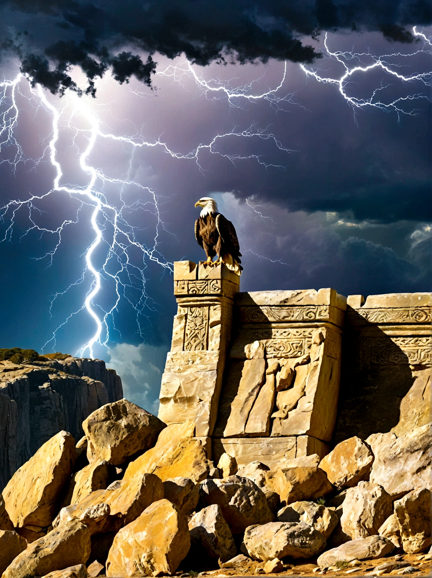 An ancient stone throne of power，Perched atop a towering cliff, The sky behind the throne indicates a coming storm，The wind swept violently over the cliffs，Push the loose rocks aside, An eagle, a symbol of power and majesty, soars above the throne., Lightning on the distant horizon completes the scene, This scene symbolizes strength, Leadership and dominance, Embodying the abstract concept of power